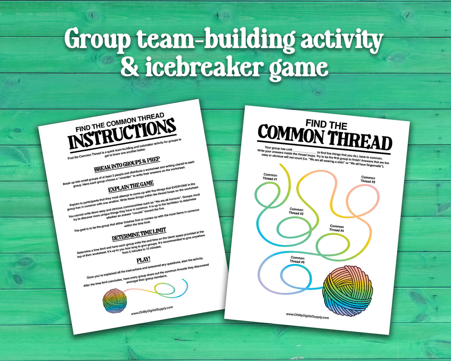 Find the Common Thread group team-building game and icebreaker activity in the form of a PDF worksheet and PDF instructions sheet.