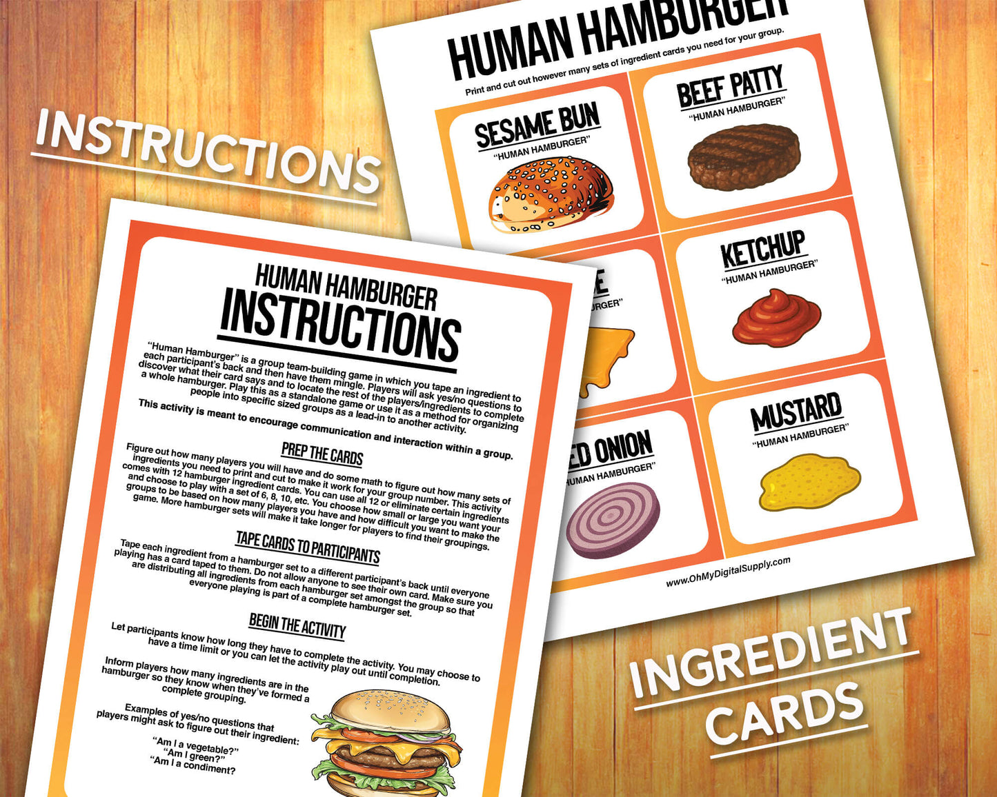 A printable team-building activity and group icebreaker game called Human Hamburger that includes an instructions sheet and hamburger ingredient cards that can be cut out. The printable sheets are downloadable PDF files.