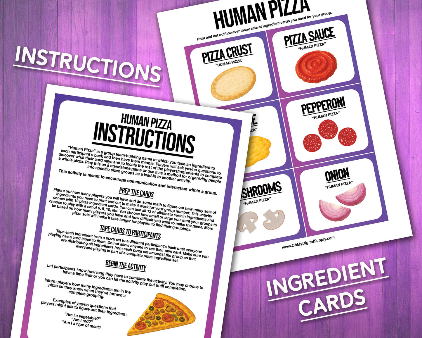 A printable team-building activity and group icebreaker game called Human Pizza that includes an instructions sheet and pizza ingredient cards that can be cut out. The printable sheets are downloadable PDF files.