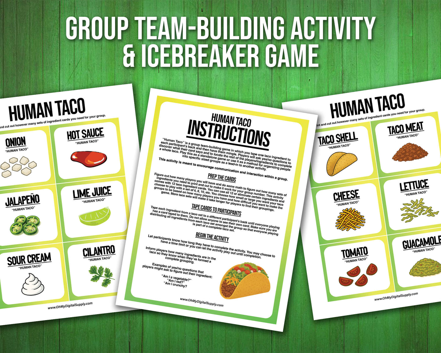 A printable team-building activity and group icebreaker game called Human Taco that includes an instructions sheet and taco ingredient cards that can be cut out. The printable sheets are downloadable PDF files.