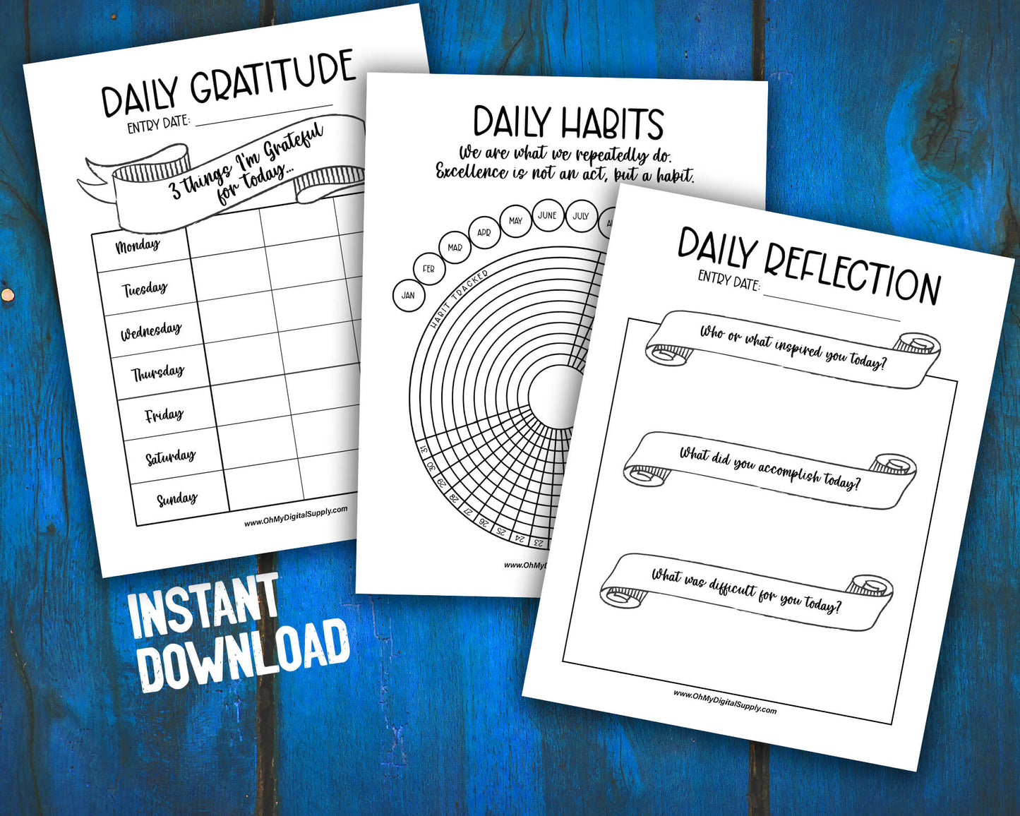 Habit Tracker, Daily Gratitude Chart, and Reflection Prompts Printables for Wellness Journaling