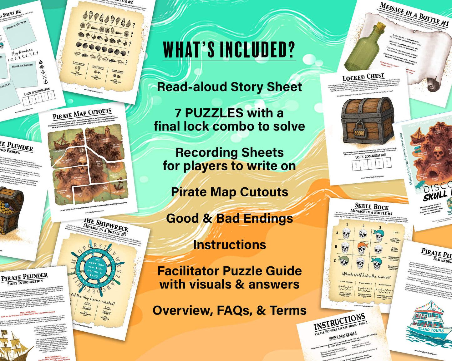 A printable group escape room game called Pirate Plunder. This tropical island themed team building activity involves 7 puzzles with a final lock combination that must be solved in order to unlock the pirate treasure.