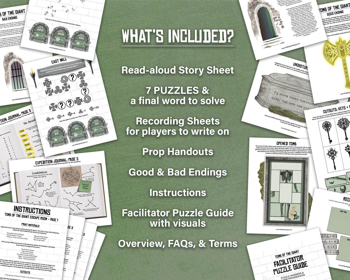 A printable group escape room game called Tomb of the Giant. This Nordic tomb themed team building activity involves 7 puzzles and a final word that must be solved in order to uncover the hidden ancient treasure in the giant king's tomb.