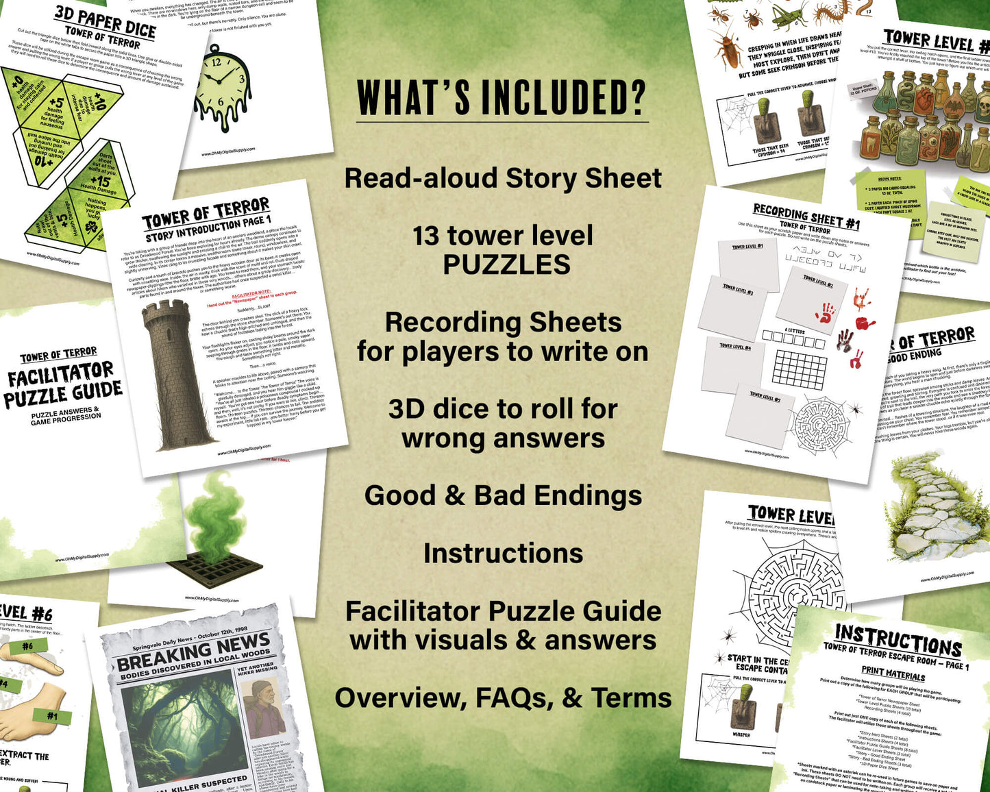 A printable Halloween horror Escape Room game called Tower of Terror for group team-building or playing as an icebreaker game. Various printable PDF sheets with puzzles, props, read-aloud story sheets, and facilitator instructions and guide.