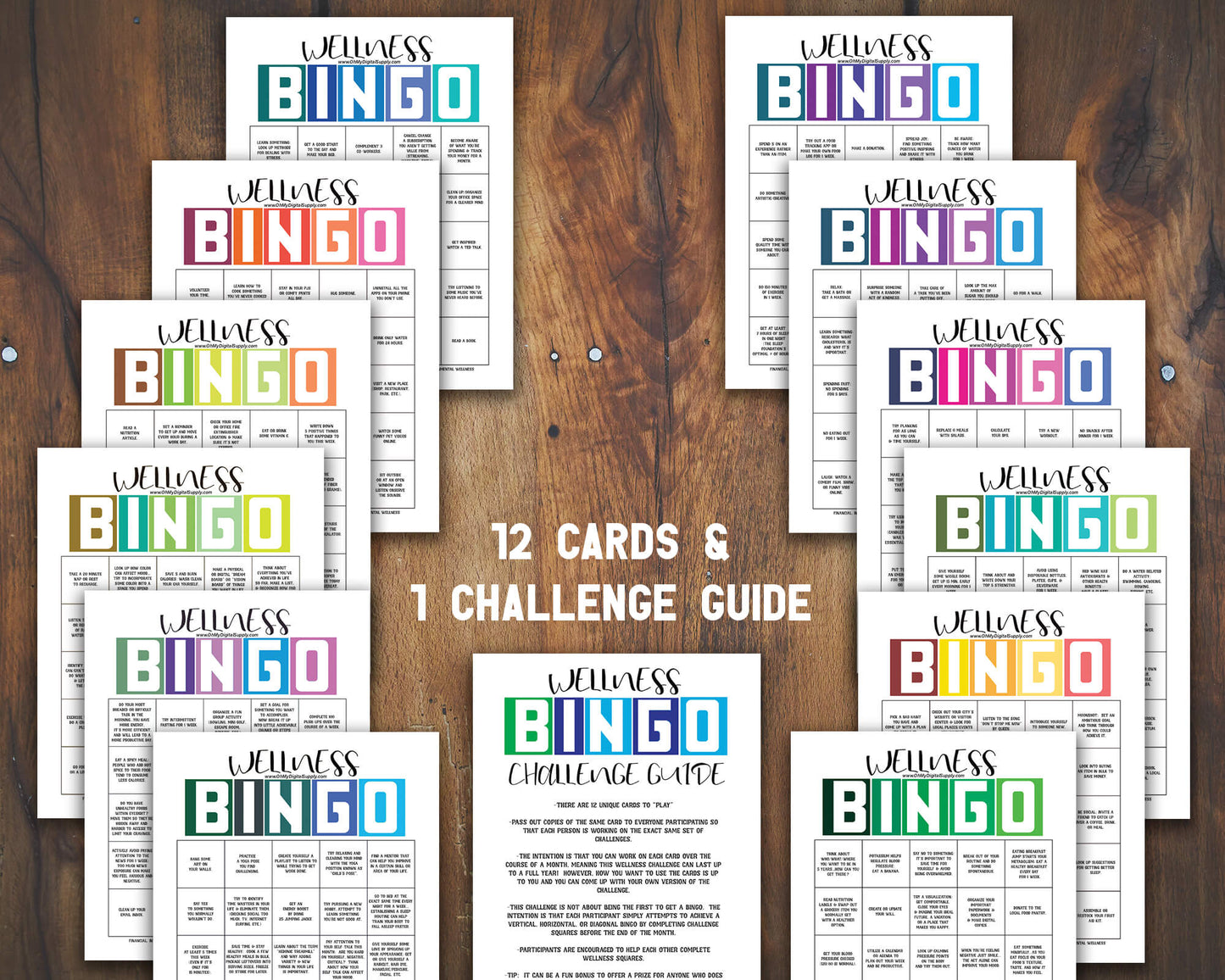 Team Building Bundle. Collage of 7 different team building activities including Wellness Bingo, Find Someone Who Bingo, Workplace Scavenger Hunt, 2 Truths and a Lie, Decision Quest: Fallout Shelter, Paper Telephone, and Bingo for the Workplace.