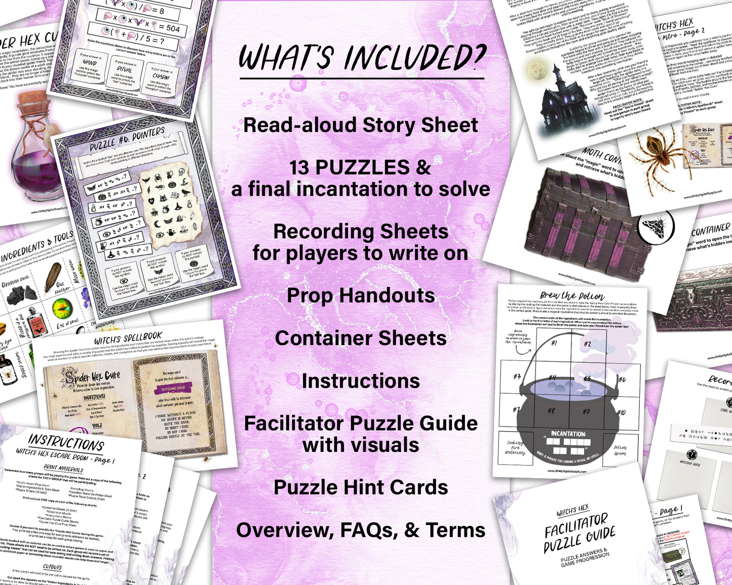 A printable group escape room game called Witch's Hex. This supernatural themed team building activity involves 13 puzzles and a final incantation that must be solved in order to save your friend from a witch's hex.