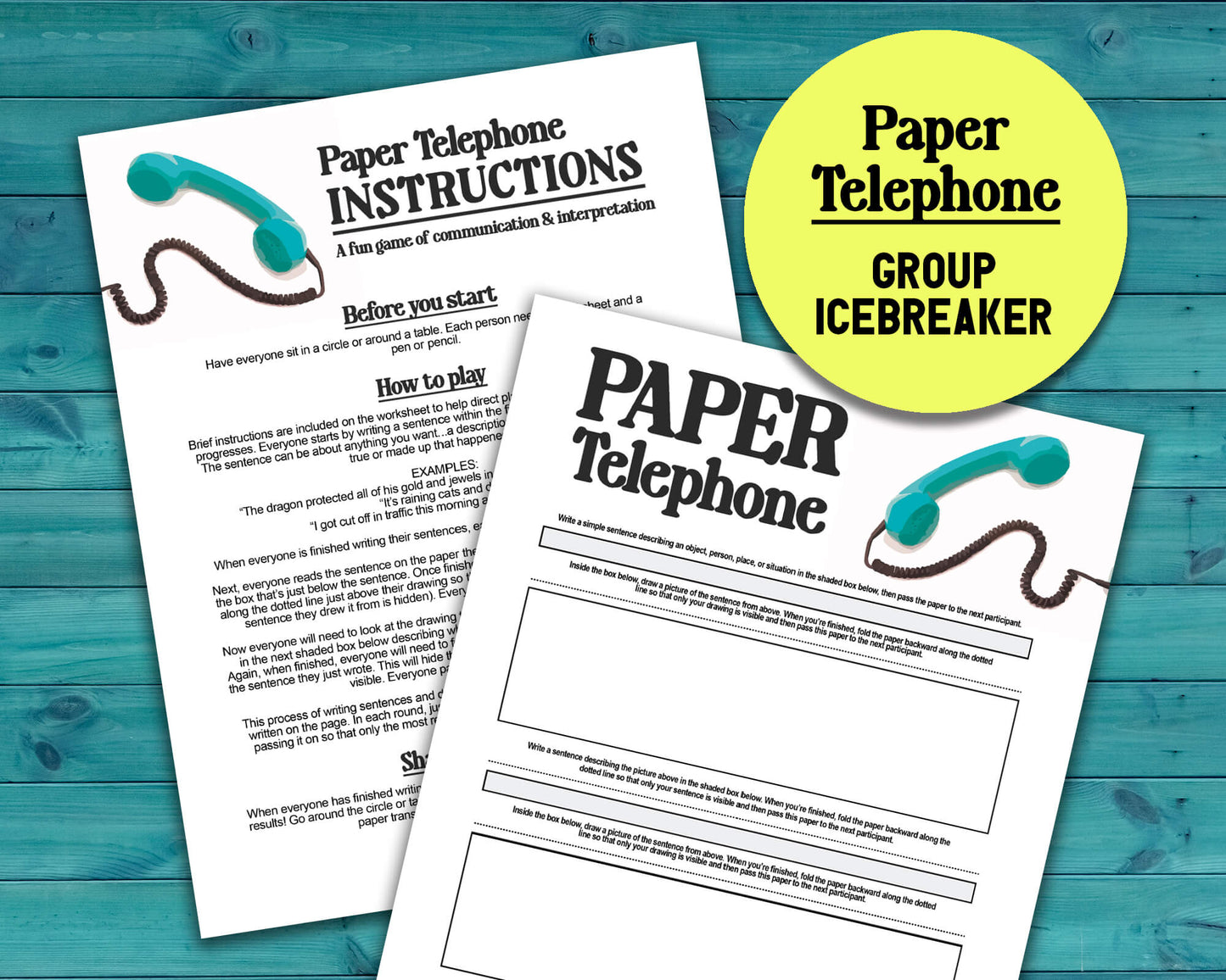 Paper Telephone printable PDF file. Team-building activity and icebreaker game that includes one worksheet and an instructions sheet.