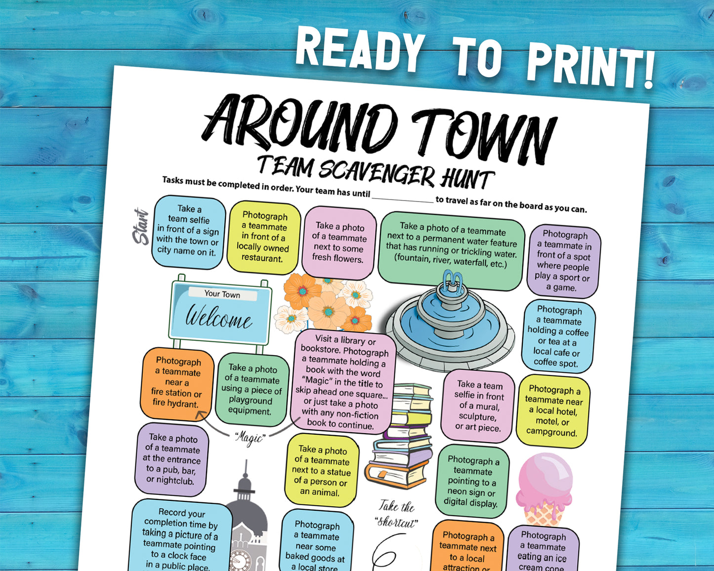 A printable team scavenger hunt activity called Around Town Team Scavenger Hunt. The worksheet looks like a game board where each square has a task you need to complete in order to advance.