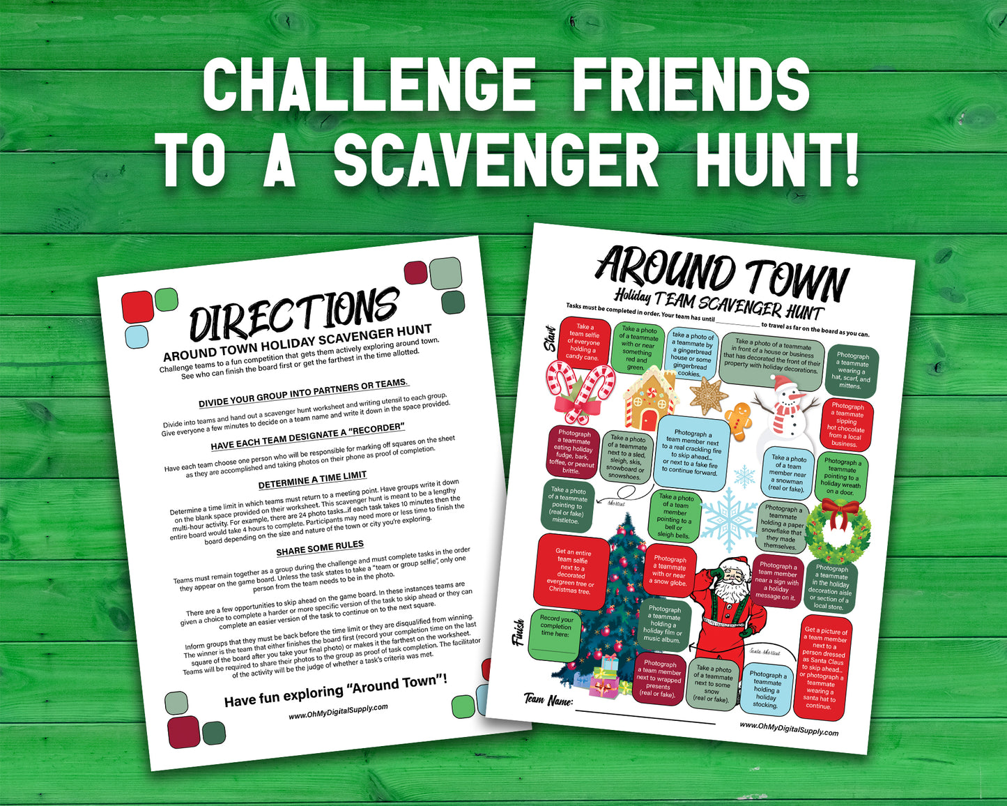 A printable team scavenger hunt activity called Around Town Holiday Team Scavenger Hunt. The worksheet looks like a game board where each square has a task you need to complete in order to advance. All tasks are Holiday themed.
