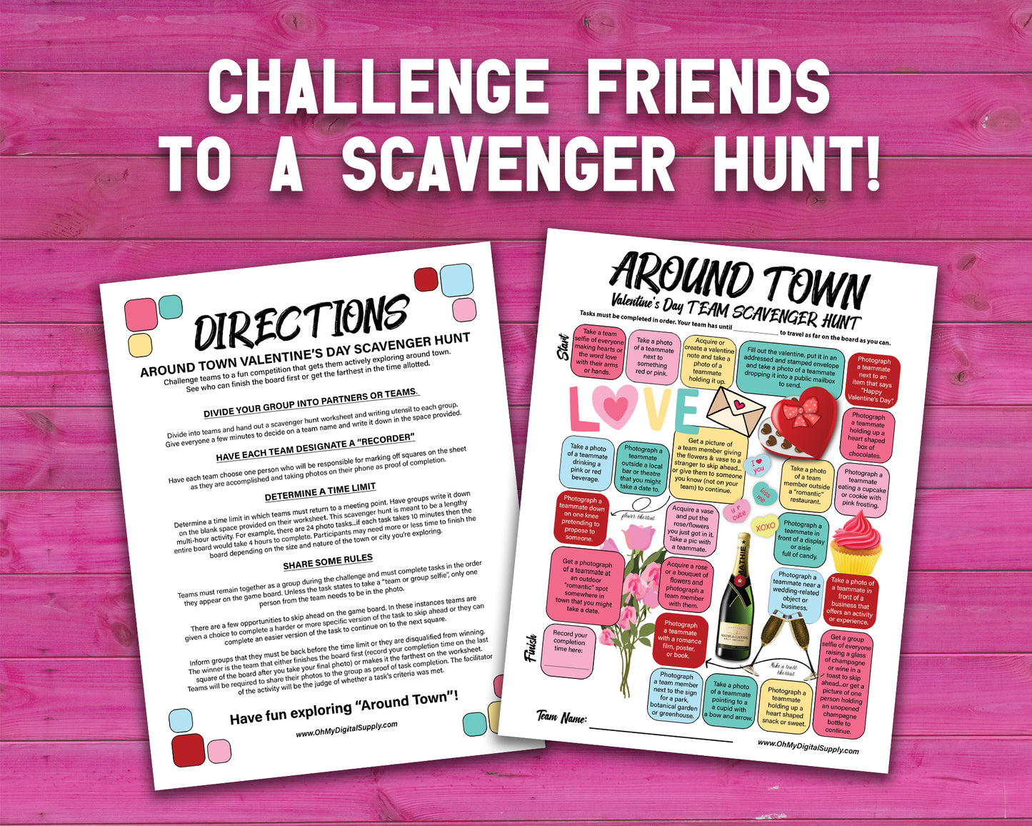 A printable team scavenger hunt activity called Around Town Valentines Day Team Scavenger Hunt. The worksheet looks like a game board where each square has a task you need to complete in order to advance. All tasks are Valentine themed.