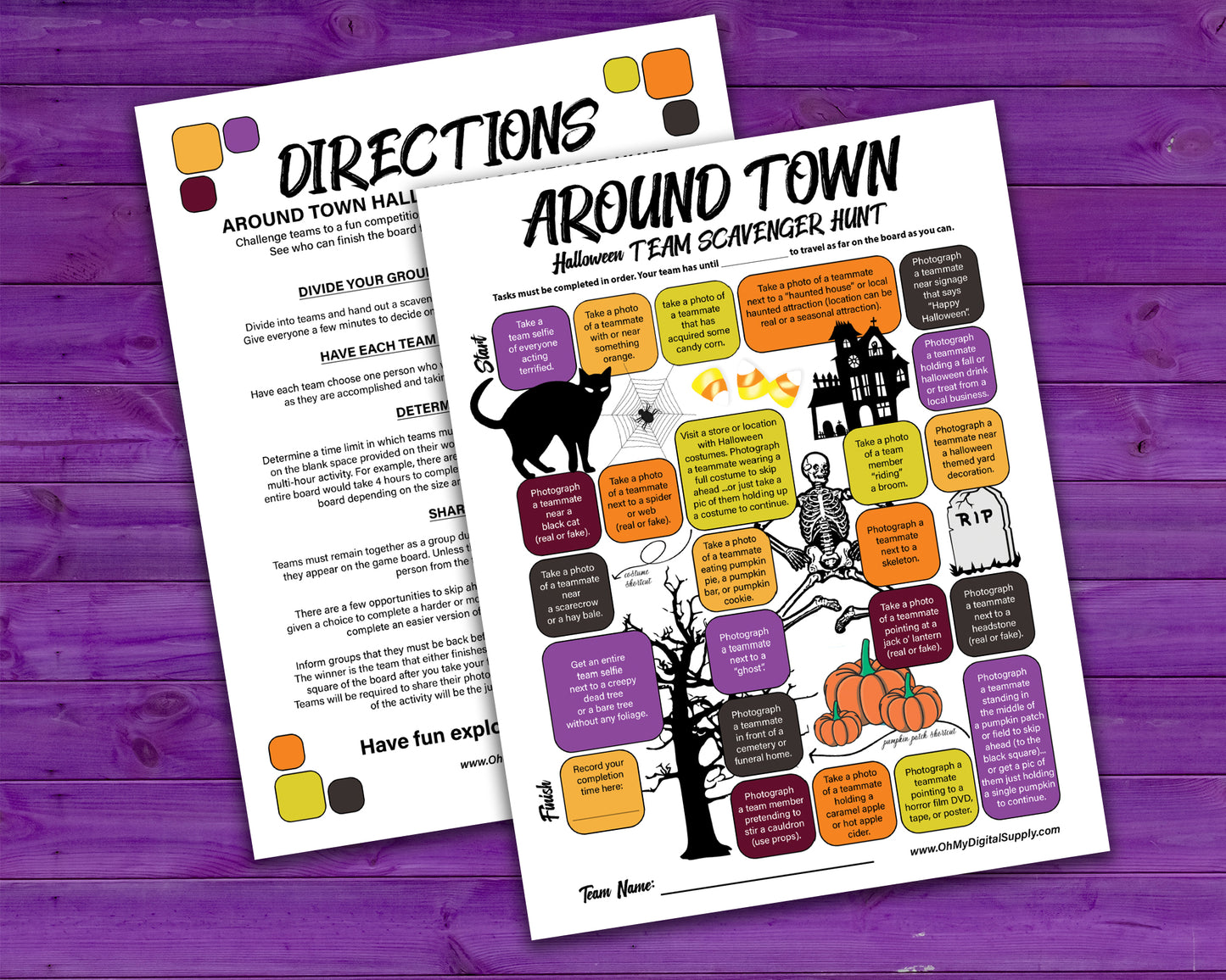 A bundle of printable team scavenger hunt activities called Around Town Team Scavenger Hunt. Bundle includes original version, Halloween, Holiday, and Valentines Day versions.