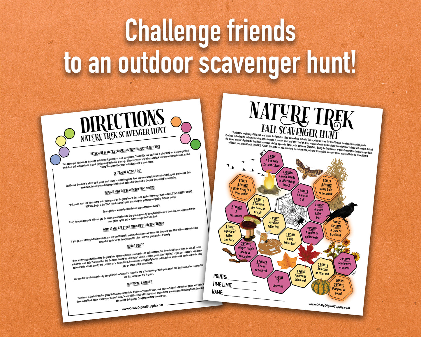 A bundle of four printable nature trek outdoor scavenger hunts for spring, summer, fall, and winter. A competitive team building activity where each spot on the worksheet has an item you need to find to earn points.