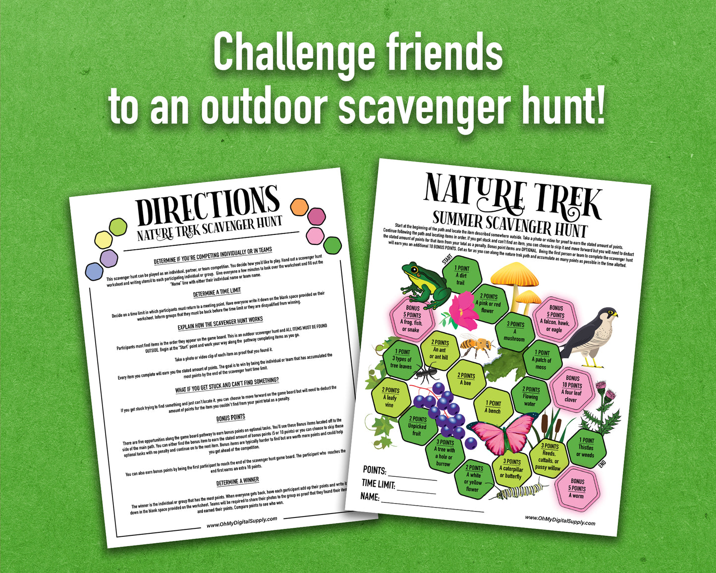 A printable nature trek outdoor summer scavenger hunt competitive team building activity. The worksheet looks like a game board where each spot on the board has an item you need to find to earn points and advance along the path.