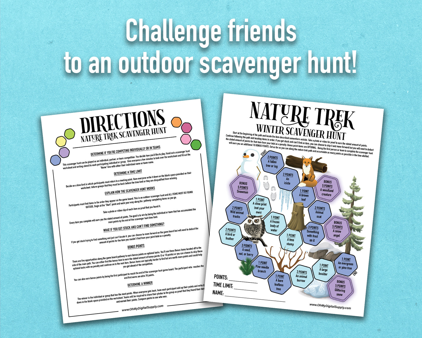 A printable nature trek outdoor winter scavenger hunt competitive team building activity. The worksheet looks like a game board where each spot on the board has an item you need to find to earn points and advance along the path.