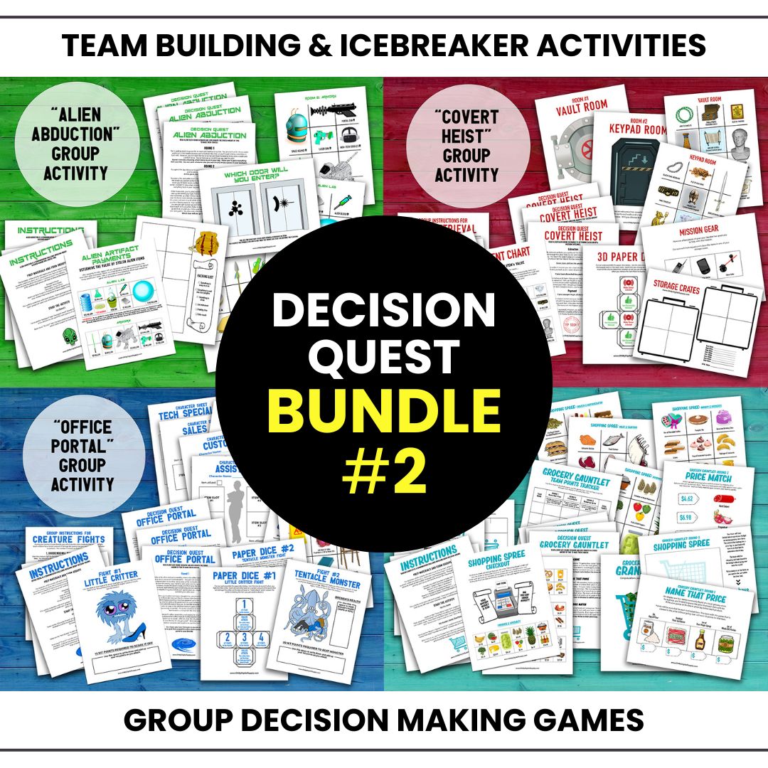 Bundle #2 of four Decision Quest Activities for group team building. Activities in this bundle include: Alien Abduction, Covert Heist, Office Portal, and Grocery Gauntlet. Group decision making icebreaker games.