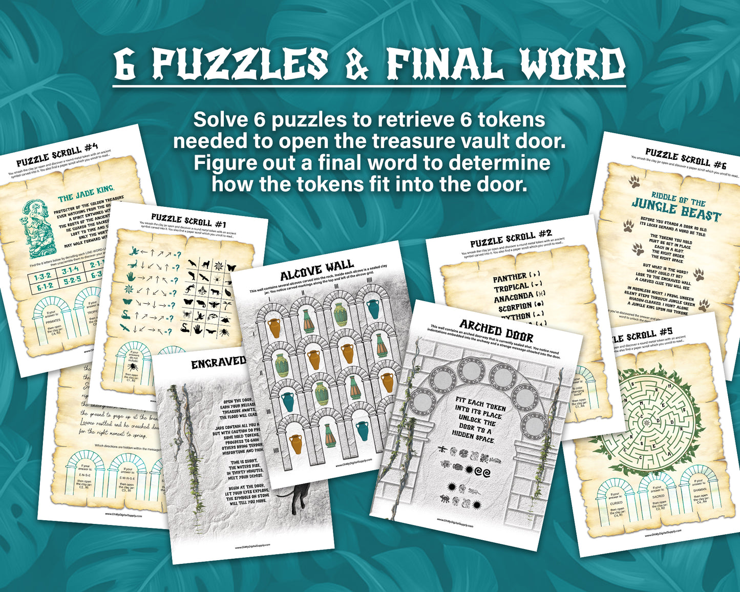 Temple Treasure Escape Room printable game. Play as a team building activity, icebreaker challenge, or group puzzle challenge. A jungle themed group party game.
