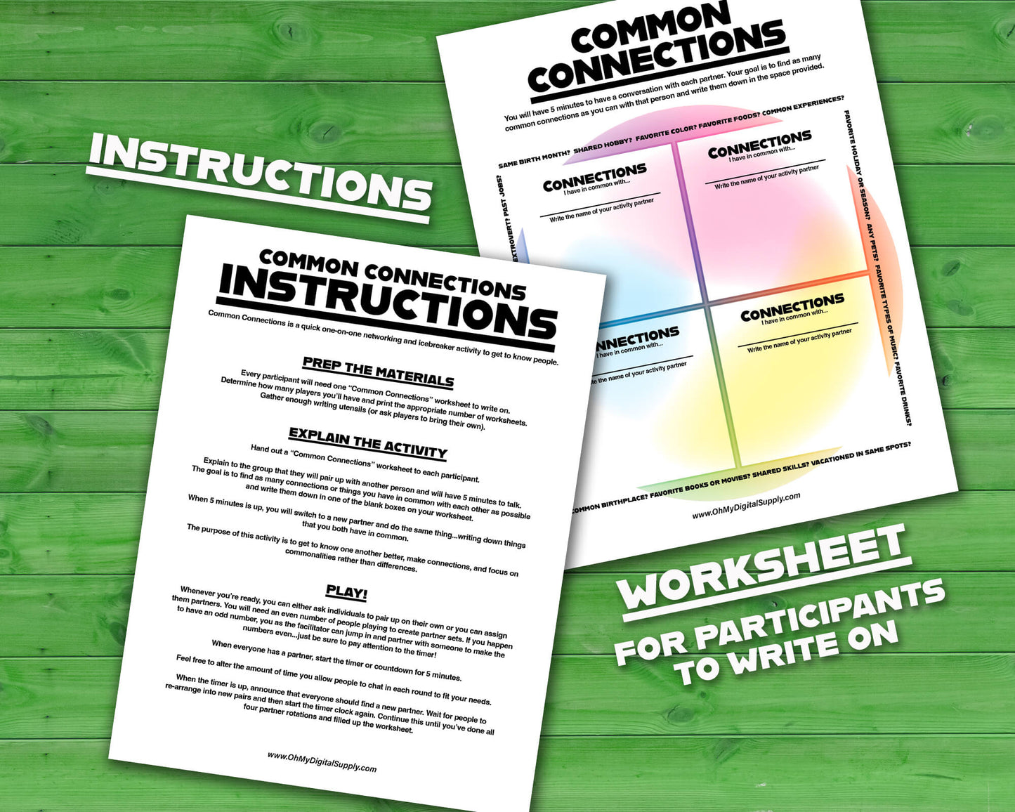 Common Connections one-on-one icebreaker activity and team-building game printable worksheet and instructions.