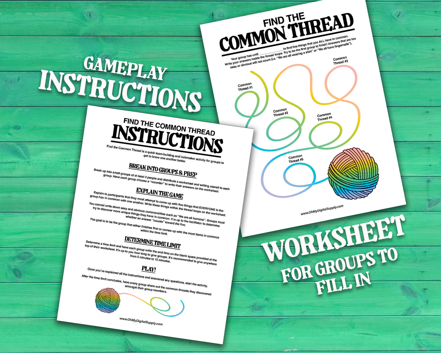 Find the Common Thread group team-building game and icebreaker activity in the form of a PDF worksheet and PDF instructions sheet.