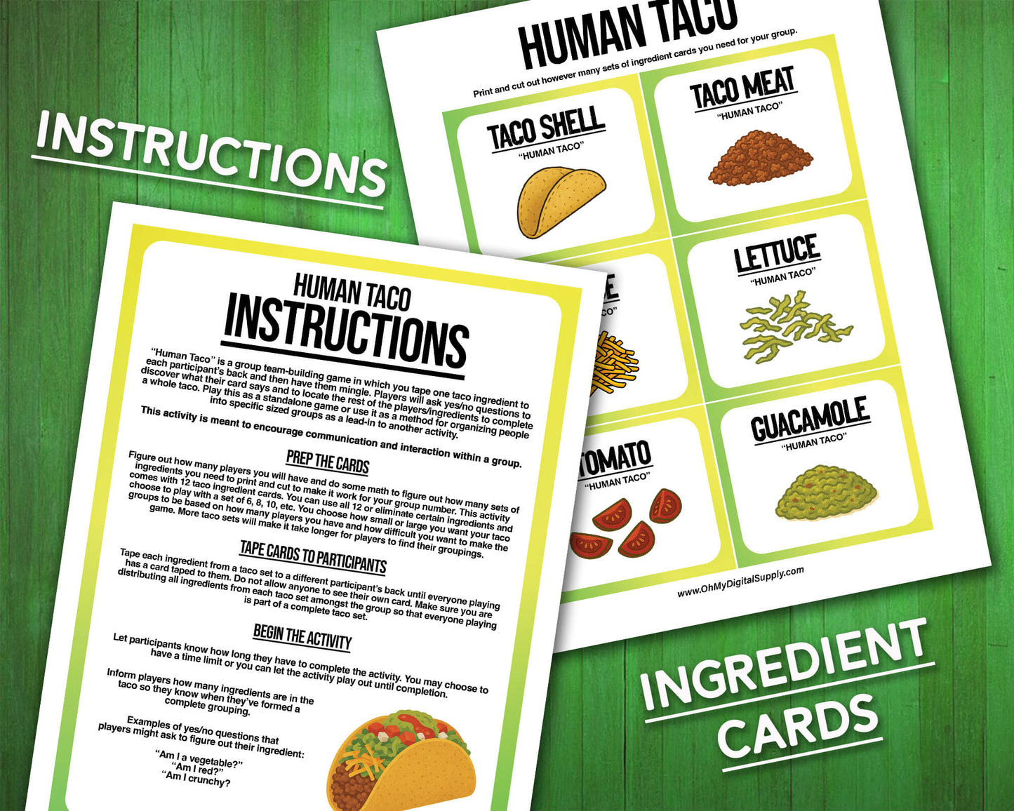 A printable team-building activity and group icebreaker game called Human Taco that includes an instructions sheet and taco ingredient cards that can be cut out. The printable sheets are downloadable PDF files.
