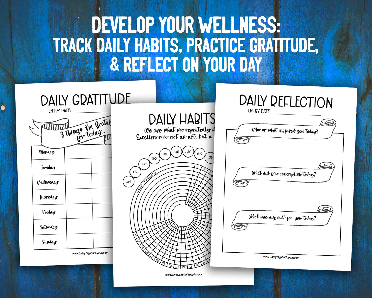 Habit Tracker, Daily Gratitude Chart, and Reflection Prompts Printables for Wellness Journaling