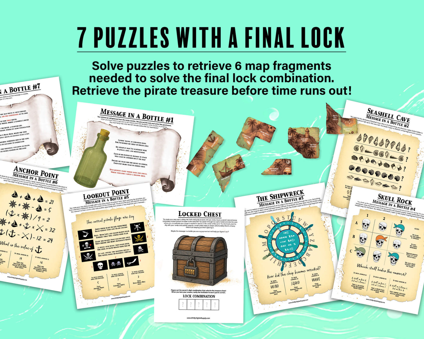 A printable group escape room game called Pirate Plunder. This tropical island themed team building activity involves 7 puzzles with a final lock combination that must be solved in order to unlock the pirate treasure.