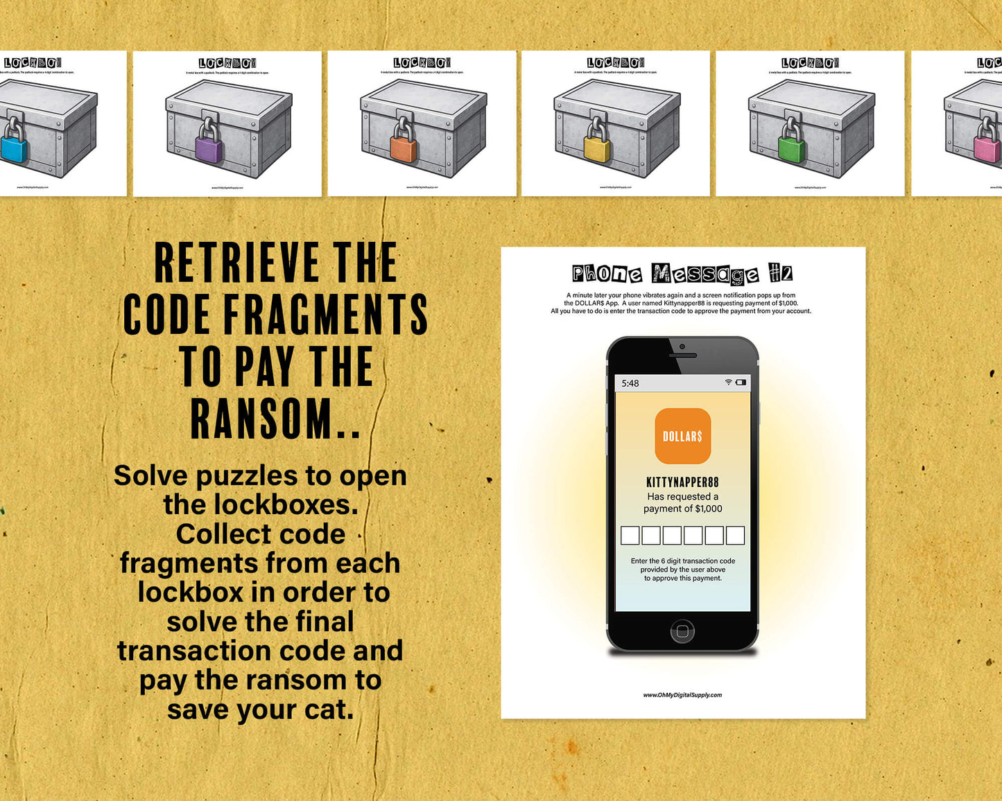 Ransom Note Printable Escape Room Game, team-building activity, group puzzle challenge, and icebreaker game in the form of printable PDFs.