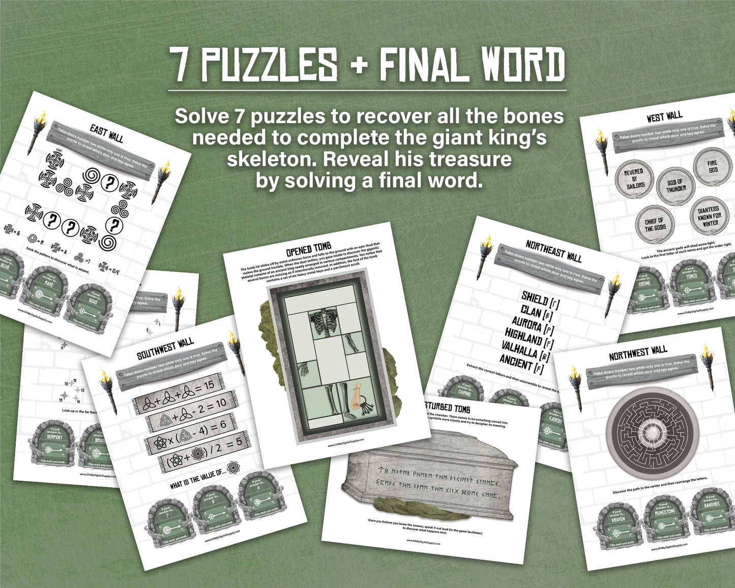A printable group escape room game called Tomb of the Giant. This Nordic tomb themed team building activity involves 7 puzzles and a final word that must be solved in order to uncover the hidden ancient treasure in the giant king's tomb.