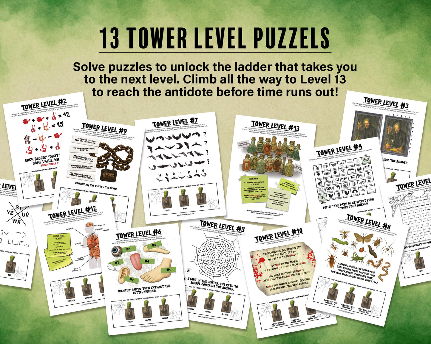 A printable Halloween horror Escape Room game called Tower of Terror for group team-building or playing as an icebreaker game. Various printable PDF sheets with puzzles, props, read-aloud story sheets, and facilitator instructions and guide.