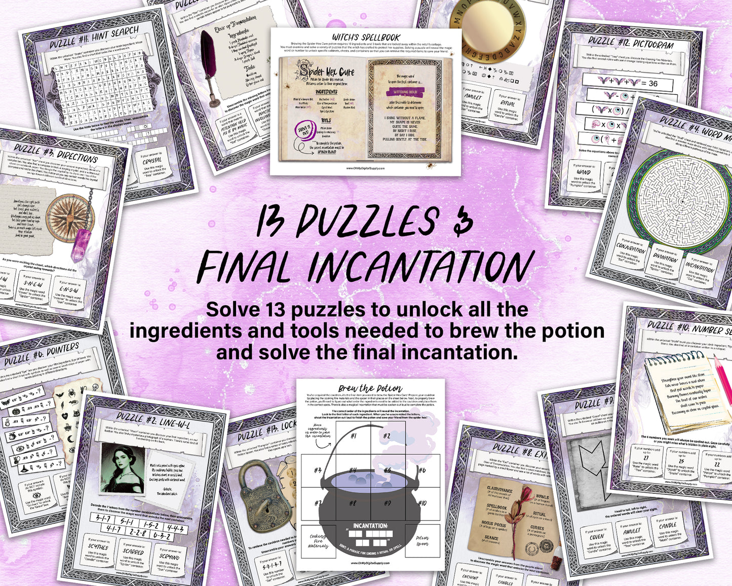 A printable group escape room game called Witch's Hex. This supernatural themed team building activity involves 13 puzzles and a final incantation that must be solved in order to save your friend from a witch's hex.