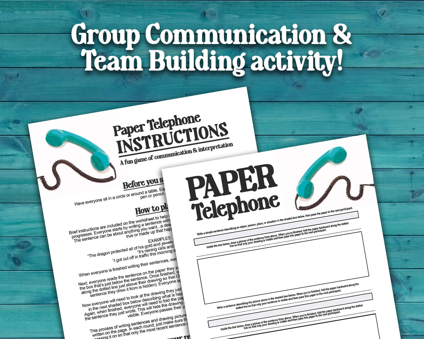 Paper Telephone printable PDF file. Team-building activity and icebreaker game that includes one worksheet and an instructions sheet.