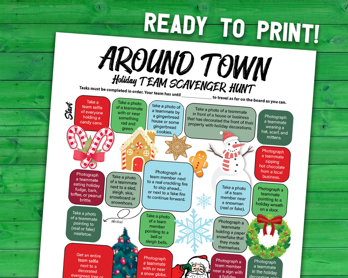A bundle of printable team scavenger hunt activities called Around Town Team Scavenger Hunt. Bundle includes original version, Halloween, Holiday, and Valentines Day versions.