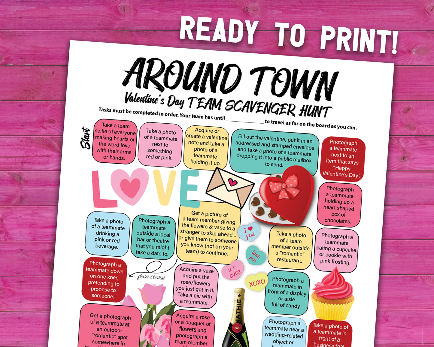 A printable team scavenger hunt activity called Around Town Valentines Day Team Scavenger Hunt. The worksheet looks like a game board where each square has a task you need to complete in order to advance. All tasks are Valentine themed.