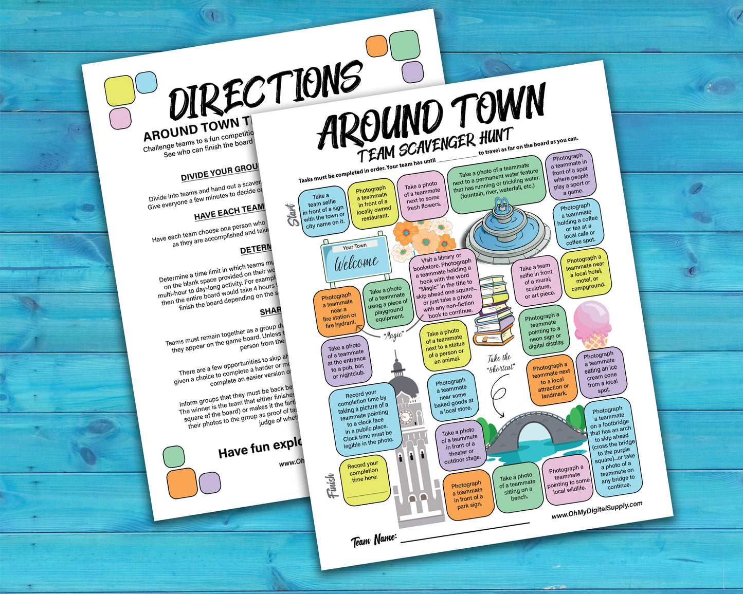 A bundle of printable team scavenger hunt activities called Around Town Team Scavenger Hunt. Bundle includes original version, Halloween, Holiday, and Valentines Day versions.