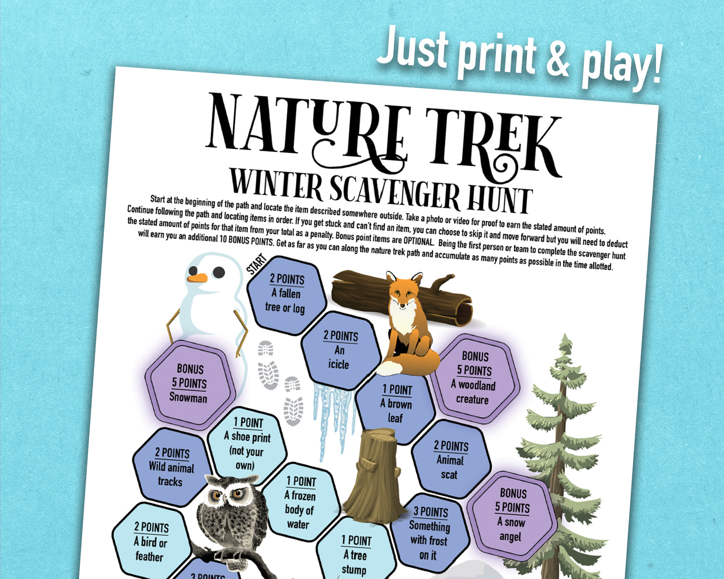 A bundle of four printable nature trek outdoor scavenger hunts for spring, summer, fall, and winter. A competitive team building activity where each spot on the worksheet has an item you need to find to earn points.