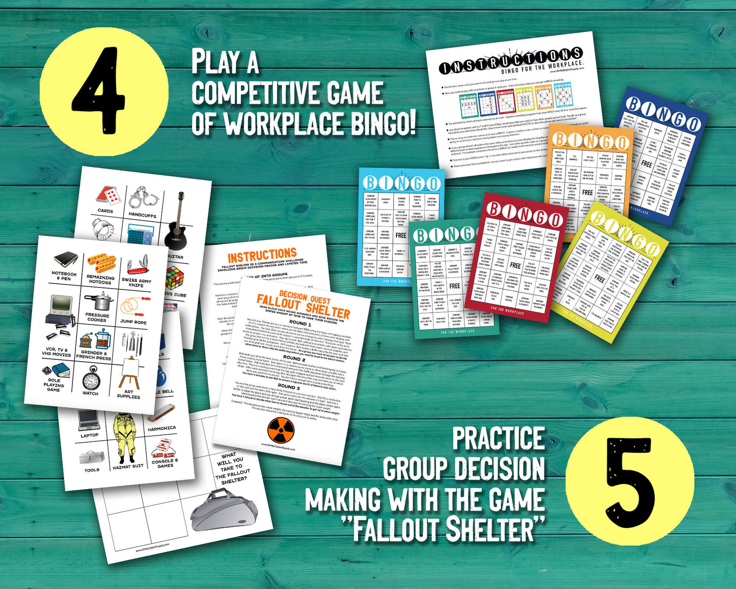 Team Building Bundle. Collage of 7 different team building activities including Wellness Bingo, Find Someone Who Bingo, Workplace Scavenger Hunt, 2 Truths and a Lie, Decision Quest: Fallout Shelter, Paper Telephone, and Bingo for the Workplace.