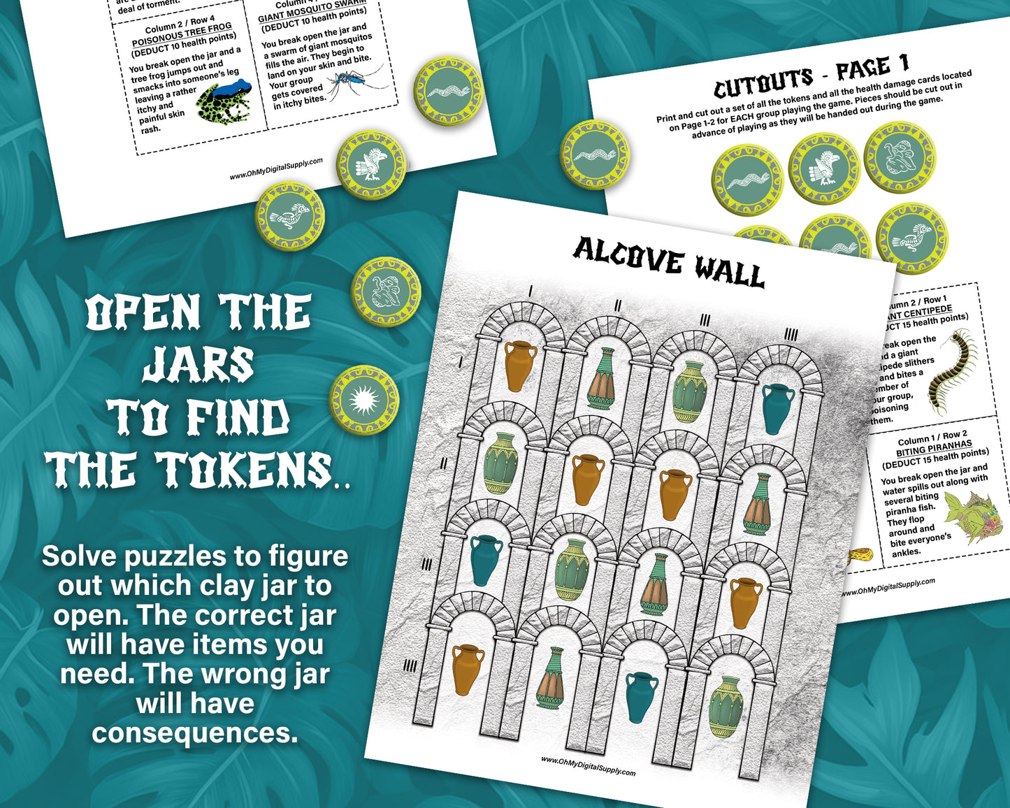 Temple Treasure Escape Room printable game. Play as a team building activity, icebreaker challenge, or group puzzle challenge. A jungle themed group party game.
