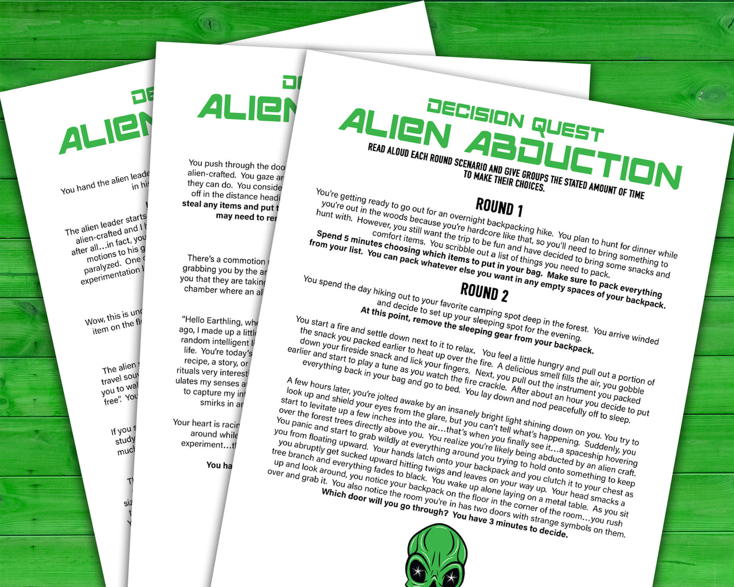 Mega Bundle of eight Decision Quest Activities for group team building. Activities in this bundle include: Zombie Apocalypse, Desert Island, Fallout Shelter, Space Mission, Alien Abduction, Covert Heist, Office Portal, and Grocery Gauntlet. Group decision making icebreaker games.