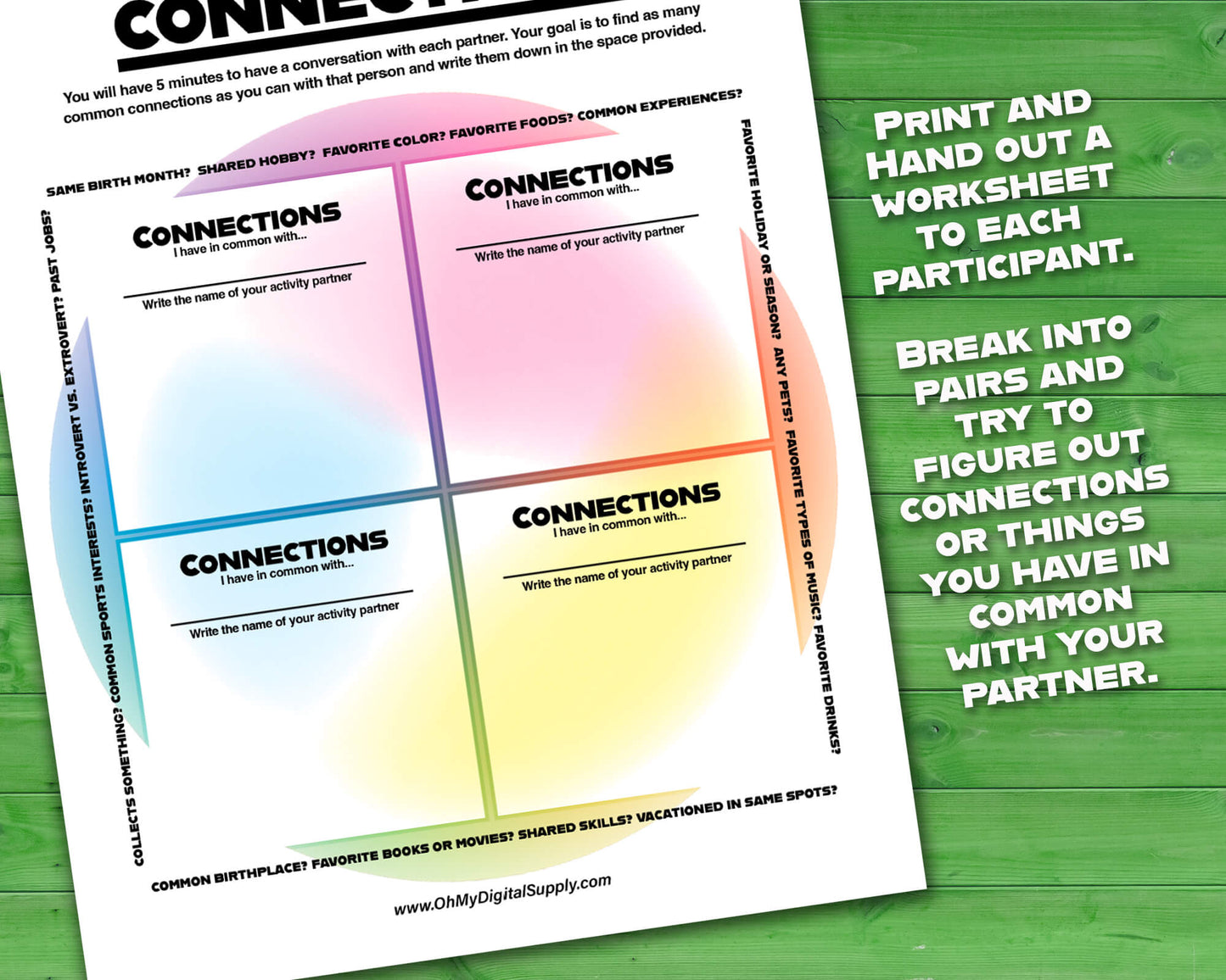 Common Connections one-on-one icebreaker activity and team-building game printable worksheet and instructions.