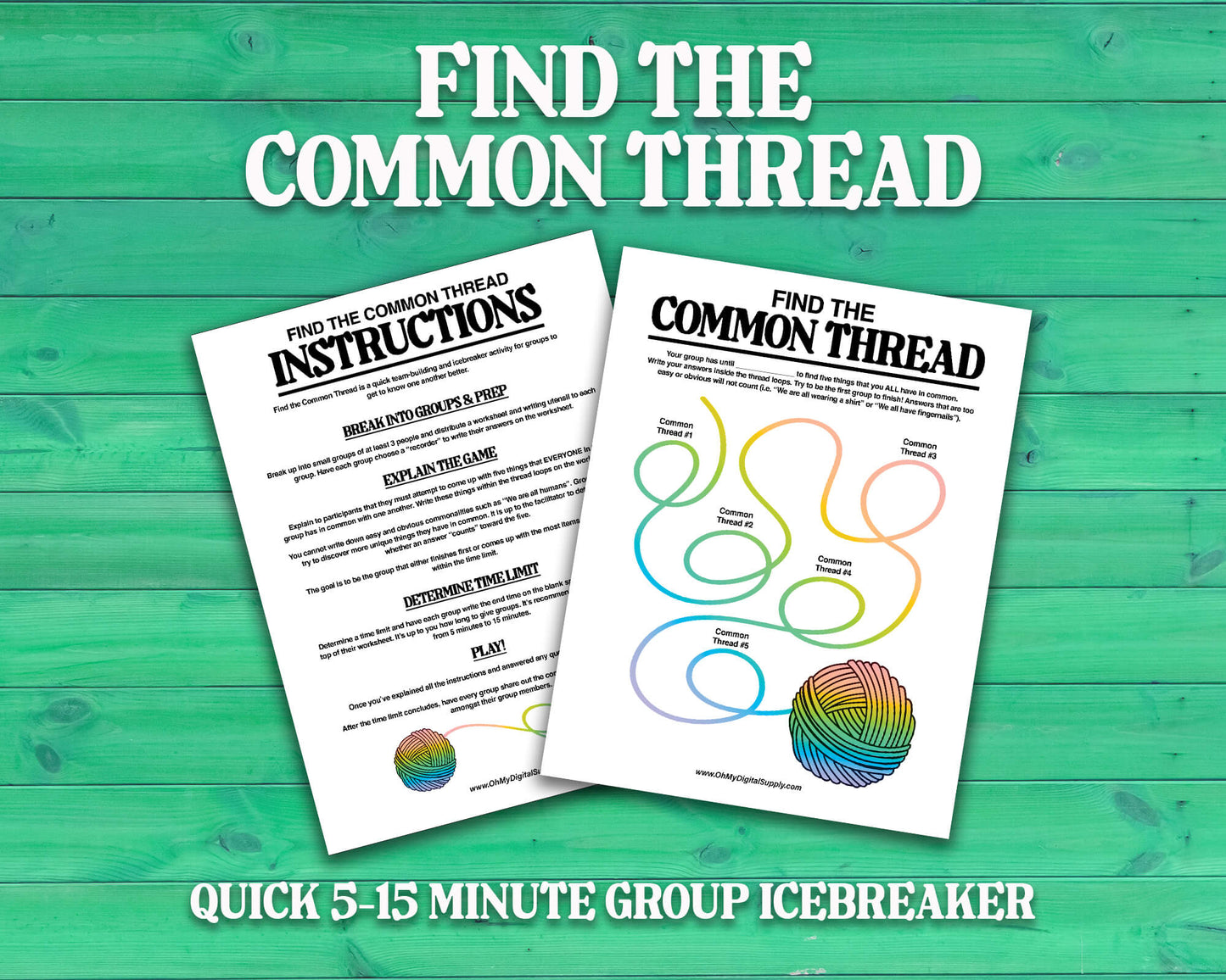 Find the Common Thread group team-building game and icebreaker activity in the form of a PDF worksheet and PDF instructions sheet.