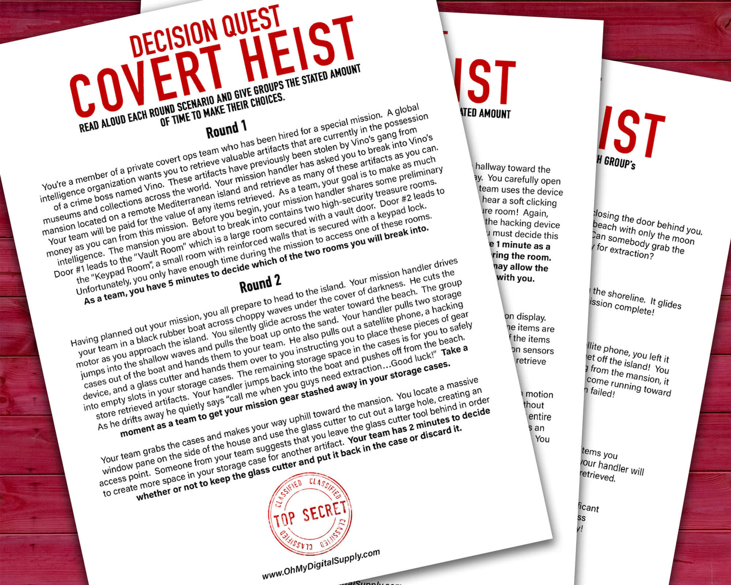 Mega Bundle of eight Decision Quest Activities for group team building. Activities in this bundle include: Zombie Apocalypse, Desert Island, Fallout Shelter, Space Mission, Alien Abduction, Covert Heist, Office Portal, and Grocery Gauntlet. Group decision making icebreaker games.