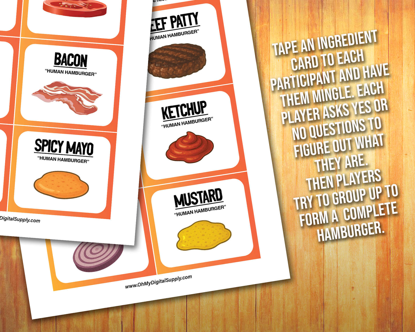A printable team-building activity and group icebreaker game called Human Hamburger that includes an instructions sheet and hamburger ingredient cards that can be cut out. The printable sheets are downloadable PDF files.