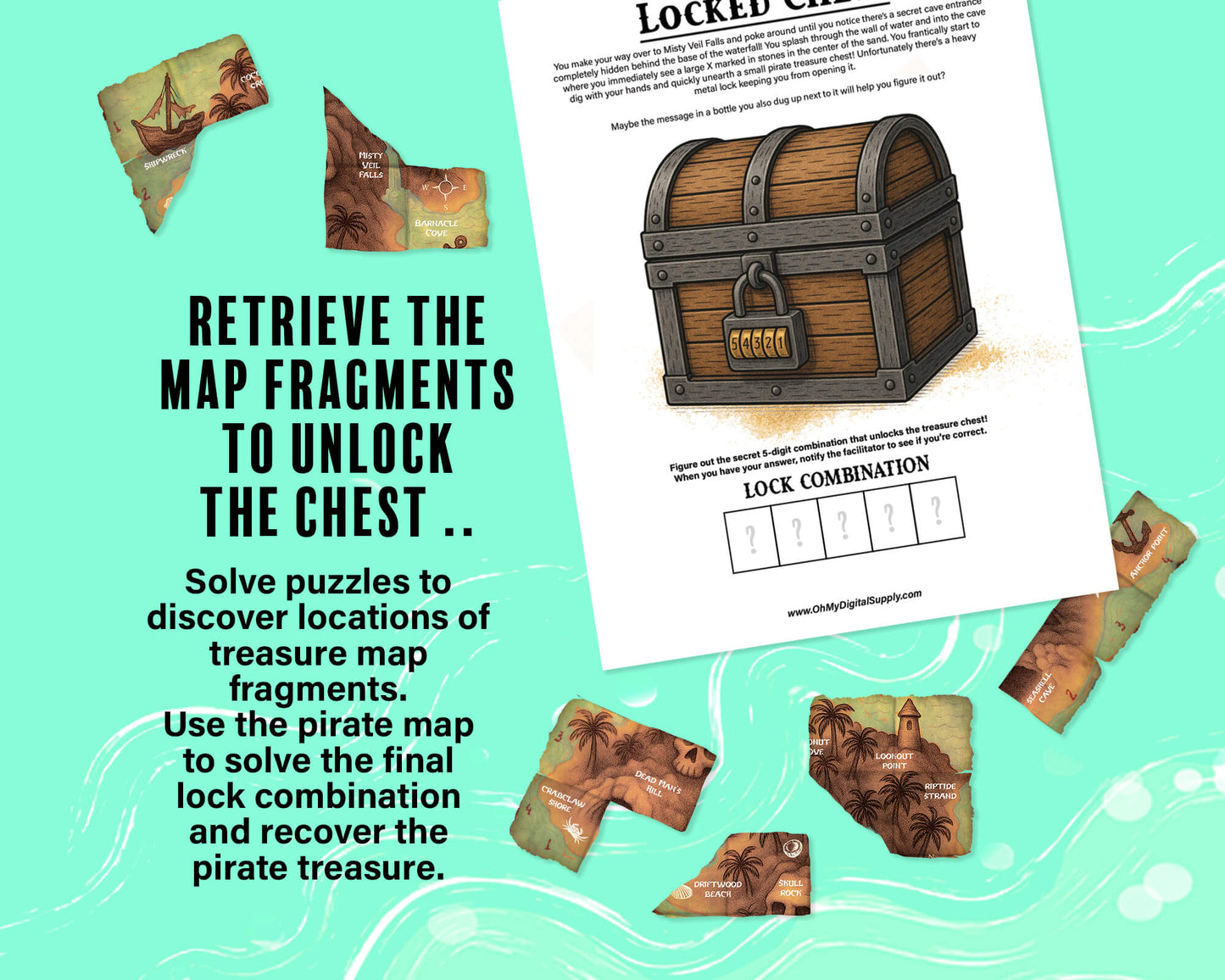 A printable group escape room game called Pirate Plunder. This tropical island themed team building activity involves 7 puzzles with a final lock combination that must be solved in order to unlock the pirate treasure.