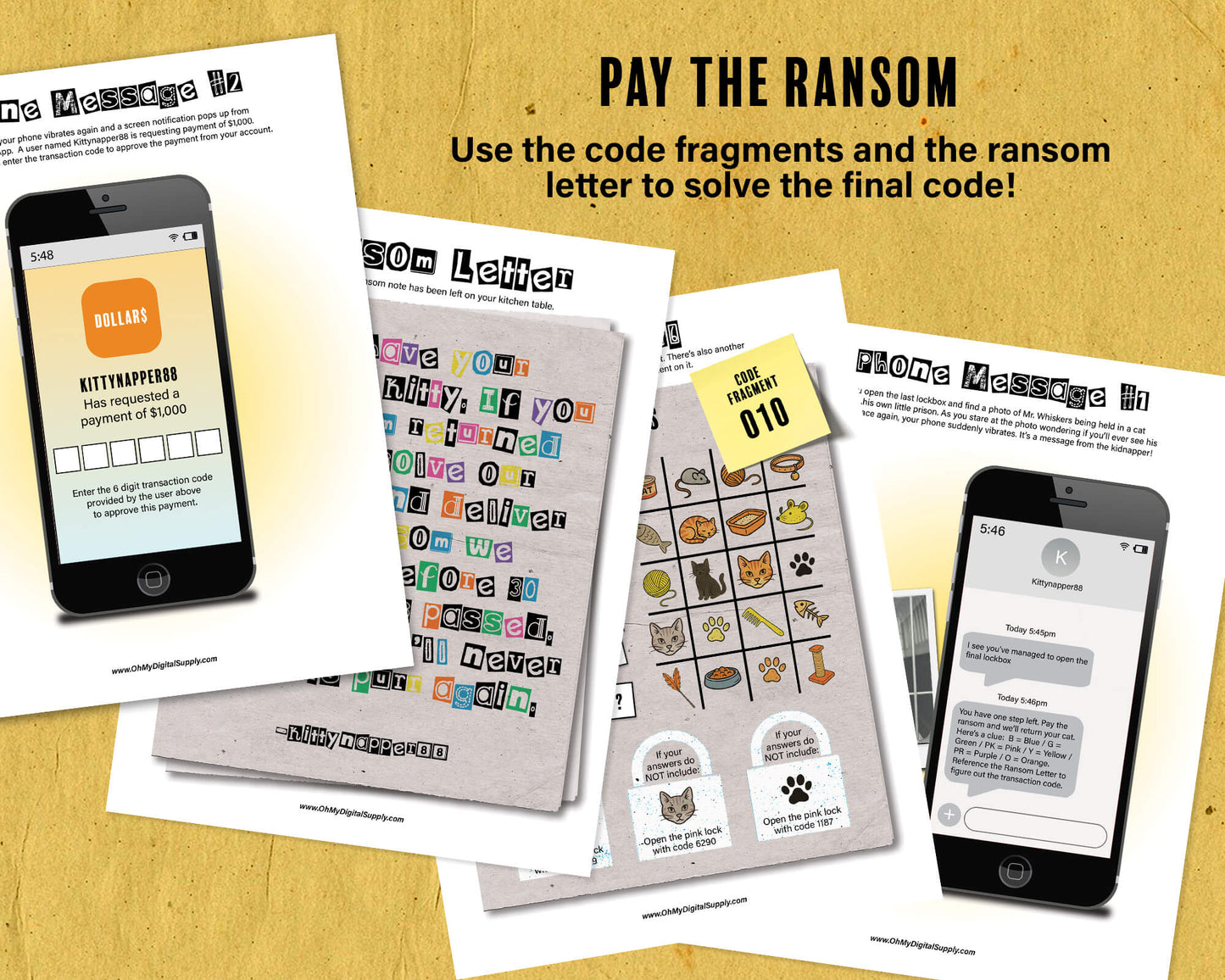 Ransom Note Printable Escape Room Game, team-building activity, group puzzle challenge, and icebreaker game in the form of printable PDFs.