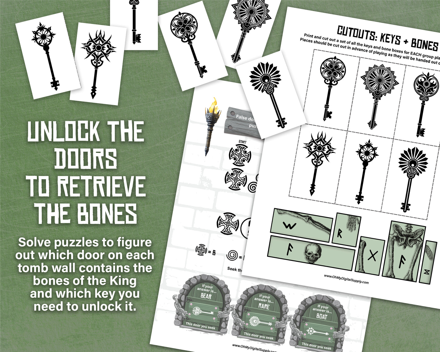 A printable group escape room game called Tomb of the Giant. This Nordic tomb themed team building activity involves 7 puzzles and a final word that must be solved in order to uncover the hidden ancient treasure in the giant king's tomb.