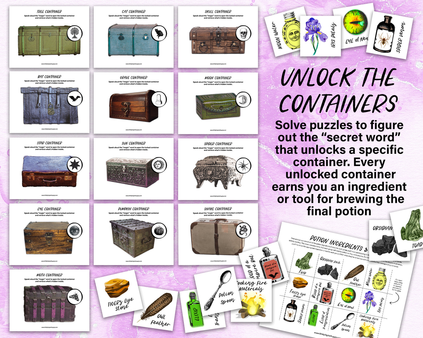 A printable group escape room game called Witch's Hex. This supernatural themed team building activity involves 13 puzzles and a final incantation that must be solved in order to save your friend from a witch's hex.
