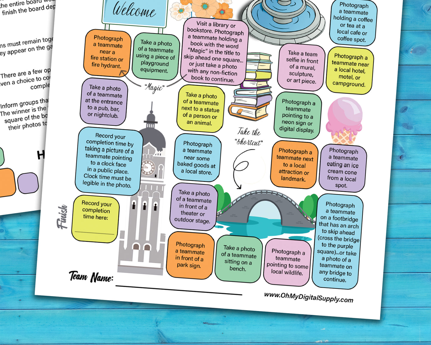 A printable team scavenger hunt activity called Around Town Team Scavenger Hunt. The worksheet looks like a game board where each square has a task you need to complete in order to advance.