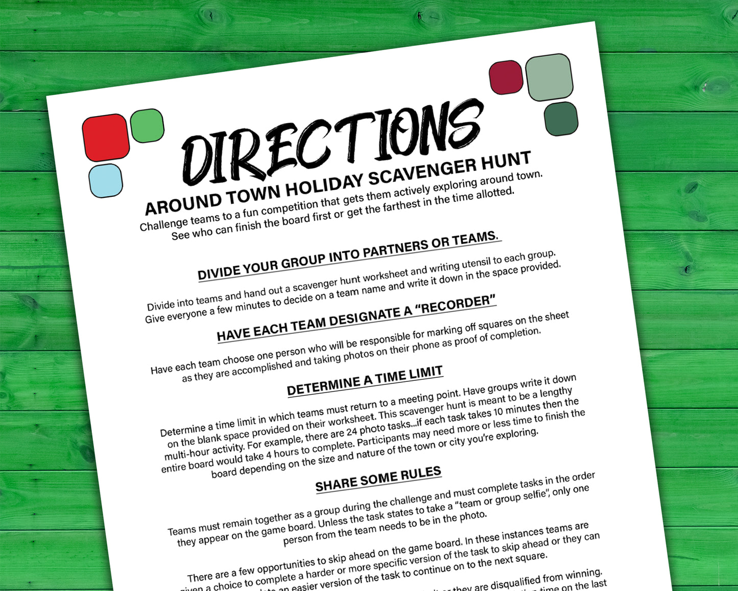 A printable team scavenger hunt activity called Around Town Holiday Team Scavenger Hunt. The worksheet looks like a game board where each square has a task you need to complete in order to advance. All tasks are Holiday themed.