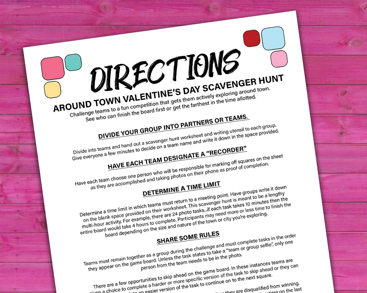 A printable team scavenger hunt activity called Around Town Valentines Day Team Scavenger Hunt. The worksheet looks like a game board where each square has a task you need to complete in order to advance. All tasks are Valentine themed.