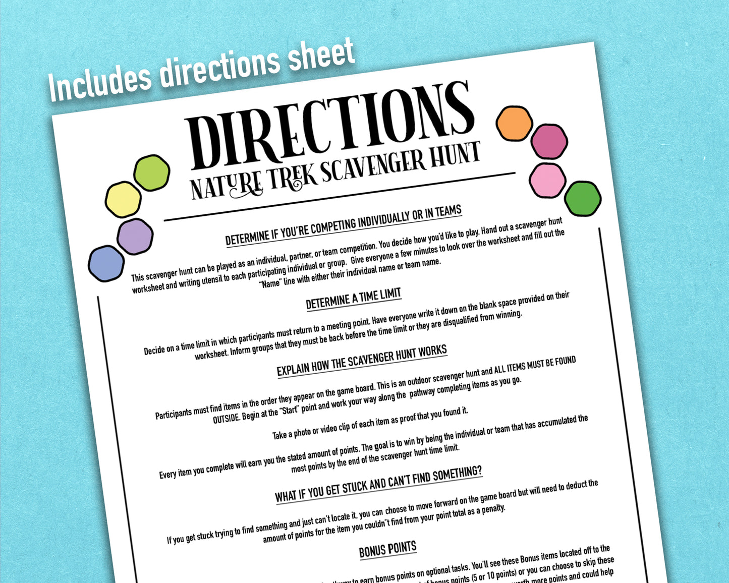A printable nature trek outdoor winter scavenger hunt competitive team building activity. The worksheet looks like a game board where each spot on the board has an item you need to find to earn points and advance along the path.