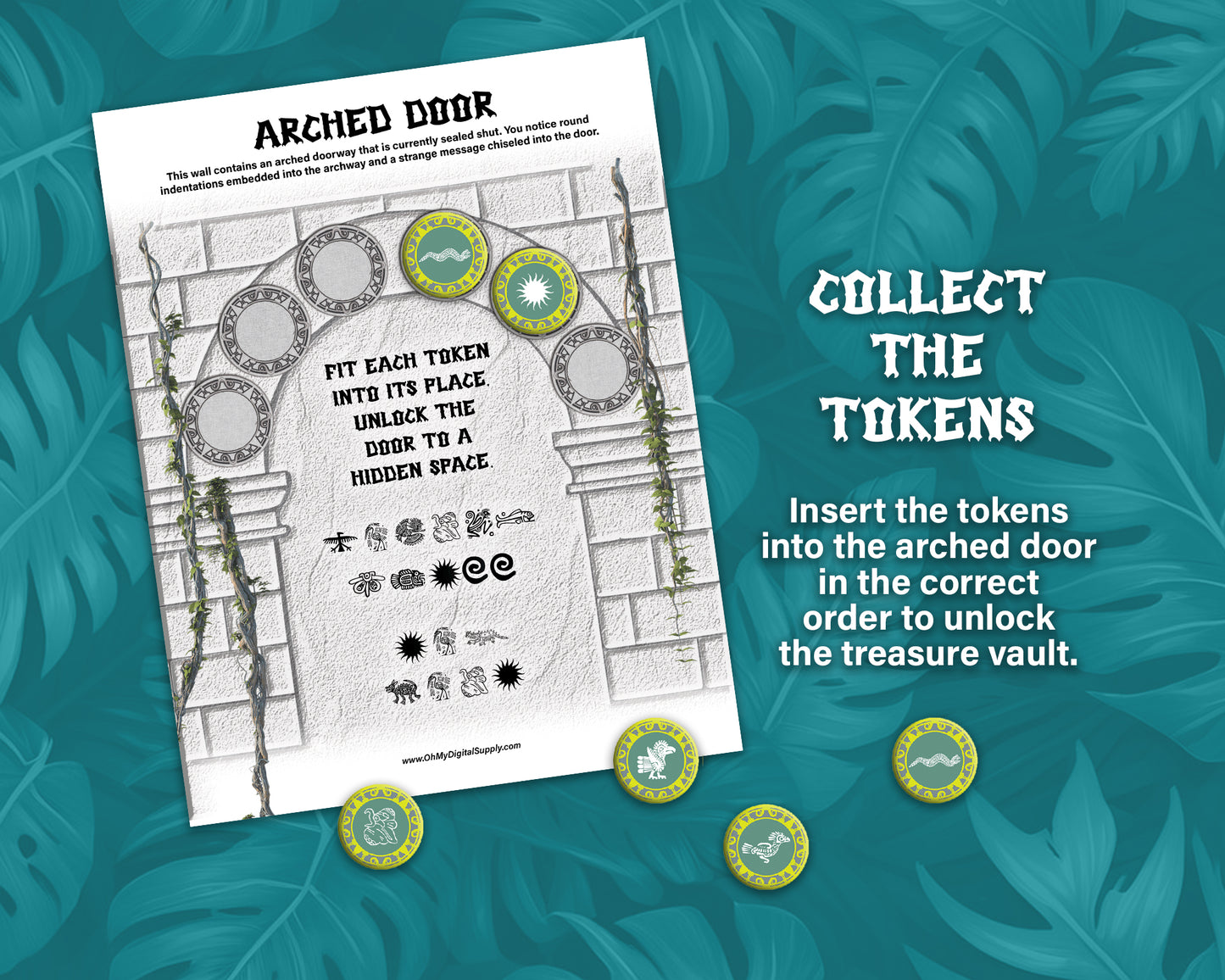 Temple Treasure Escape Room printable game. Play as a team building activity, icebreaker challenge, or group puzzle challenge. A jungle themed group party game.